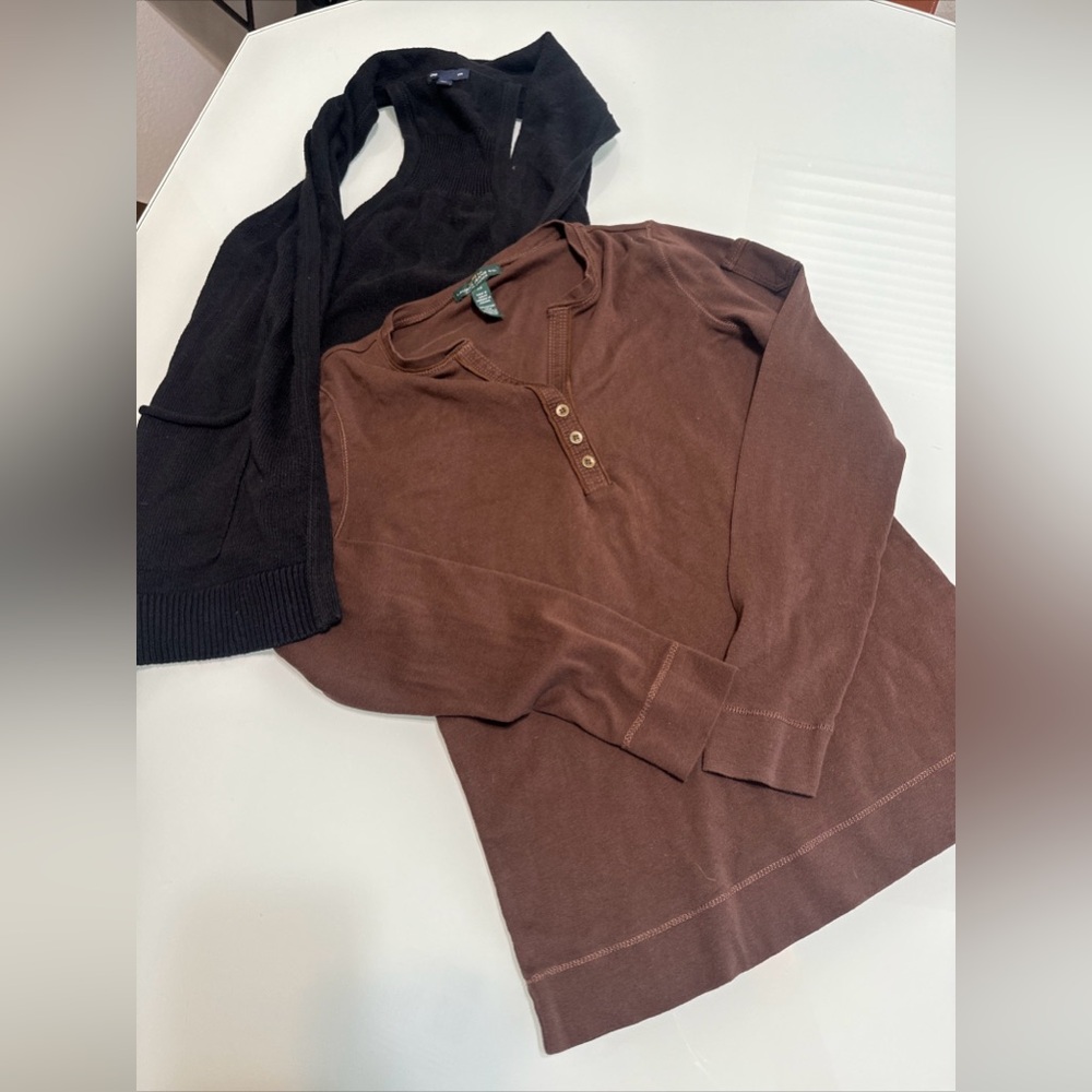 Ralph Lauren brown long sleeve shirt Gap open flow sweater xs s15
